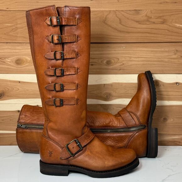 Frye Valerie 6 Strap Tall Boots Brown Leather Zip Brown...